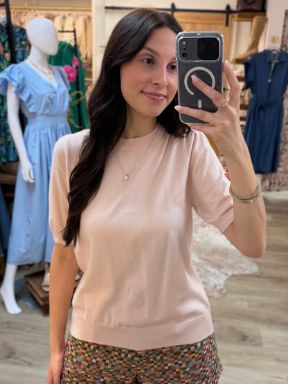 BABY PINK KNIT SHORT PUFF SLEEVE TOP