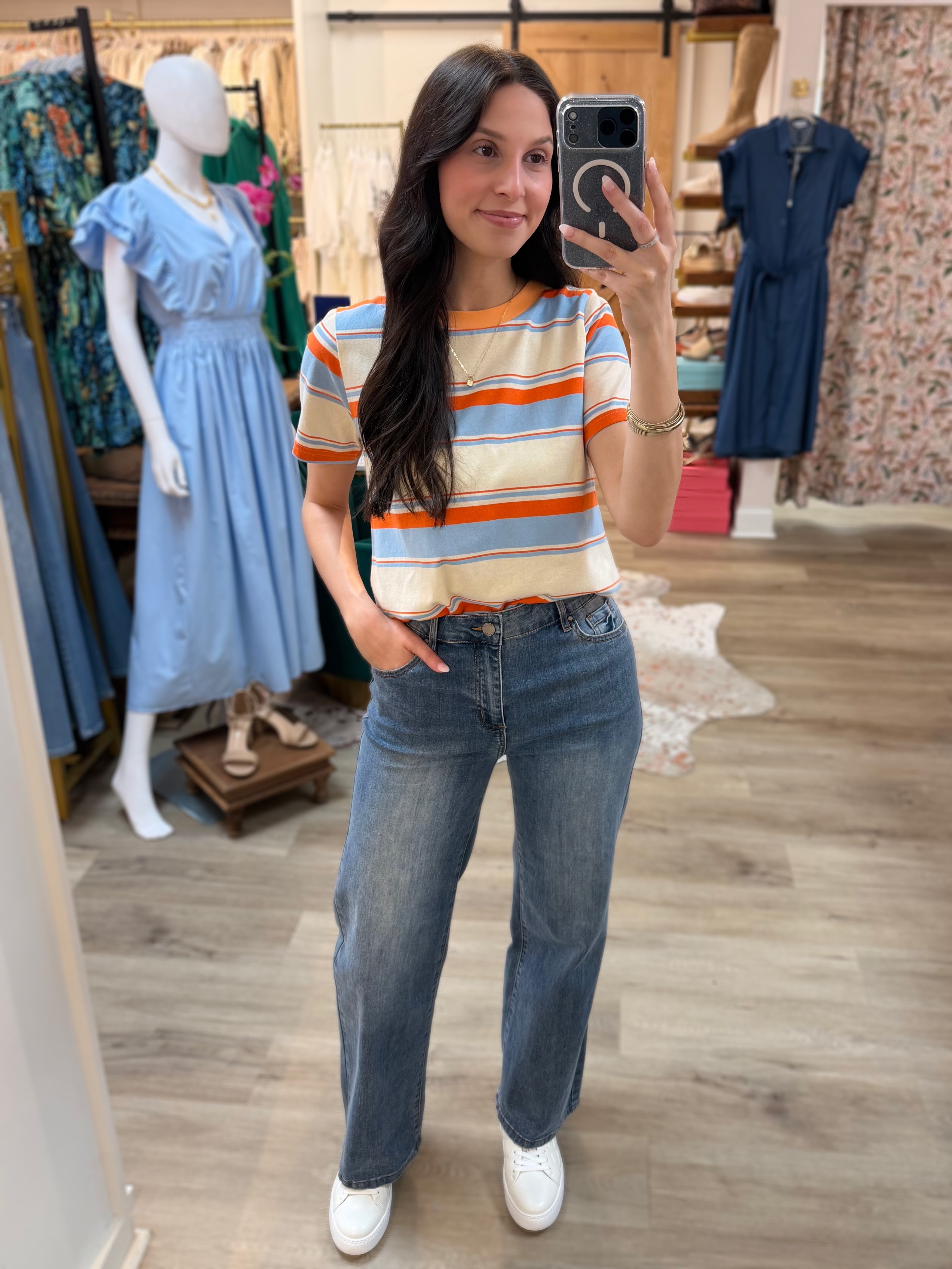 ORANGE/SKY BLUE STRIPE CREW NECK TOP