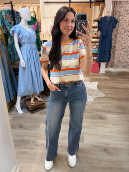 ORANGE/SKY BLUE STRIPE CREW NECK TOP