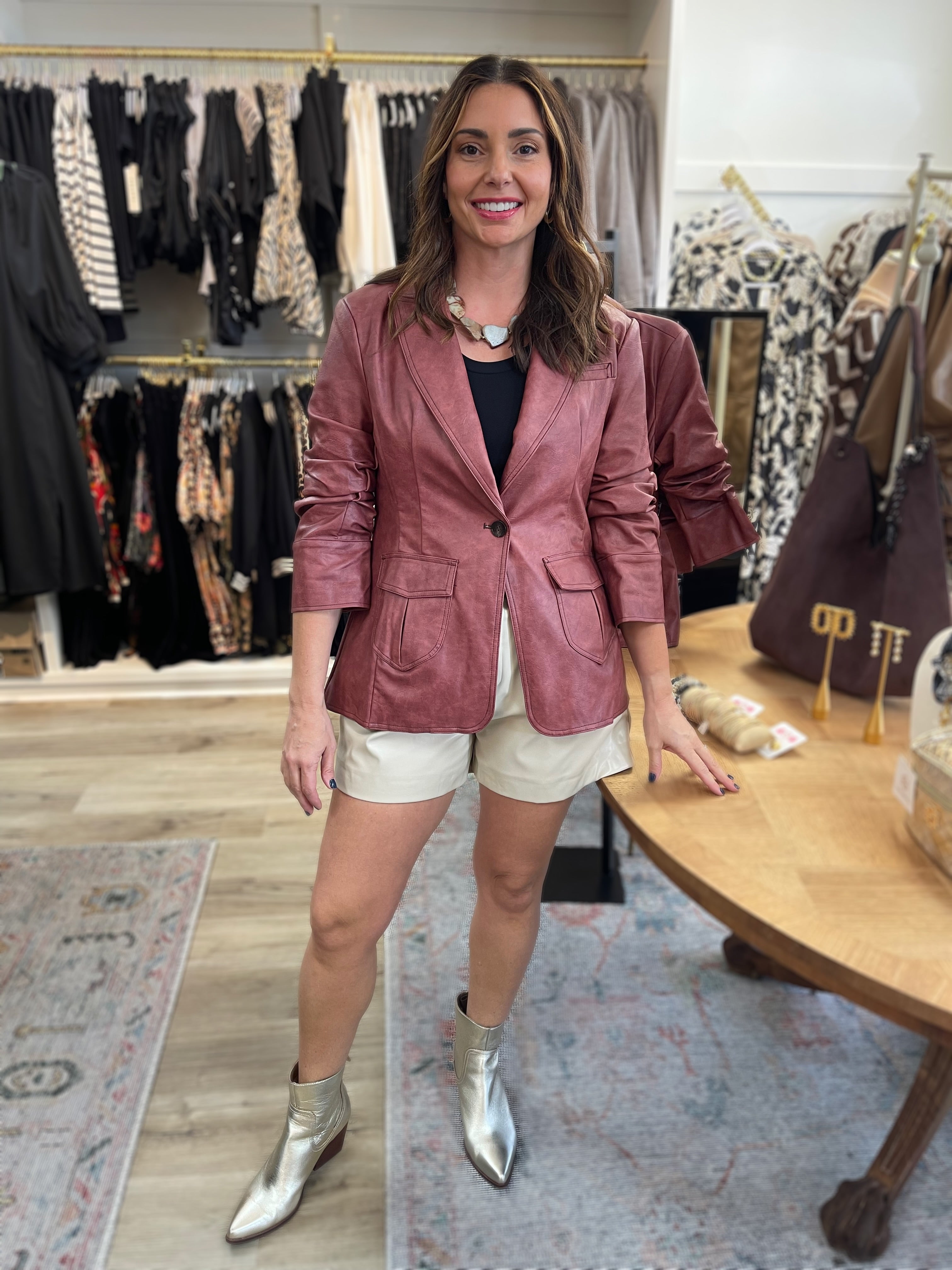 MAROON SCRUNCH SLEEVE FAUX LEATHER BLAZER