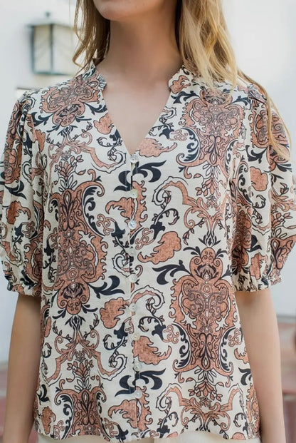 BEIGE/BLACK PAISLEY PRINT PUFF SLEEVE BUTTON UP TOP