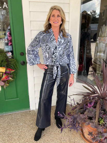 LIGHT &amp; DARK BLUE PAISLEY PATCH CREPE PRINT SCARLET TIE-FRONT TOP