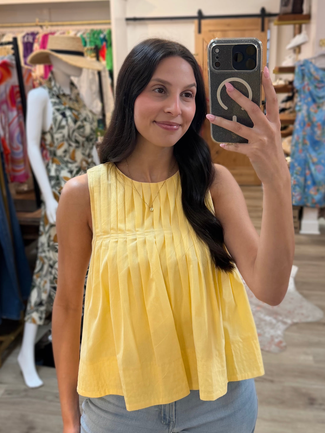 YELLOW PLEATED DETAIL HIGH LOW SLEEVELESS TOP