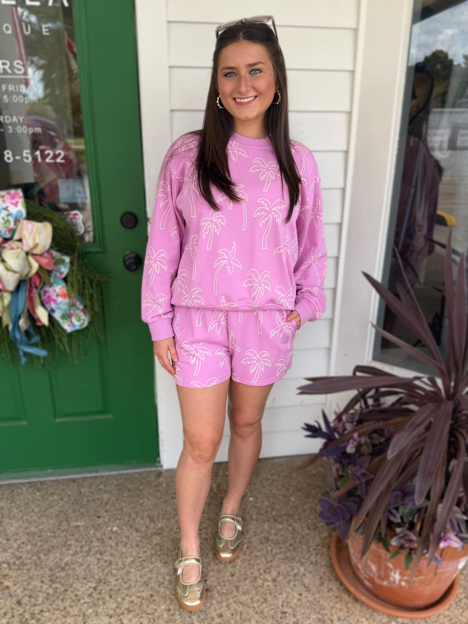 PINK PALM TREE PRINT LONG SLEEVE SHORT SET