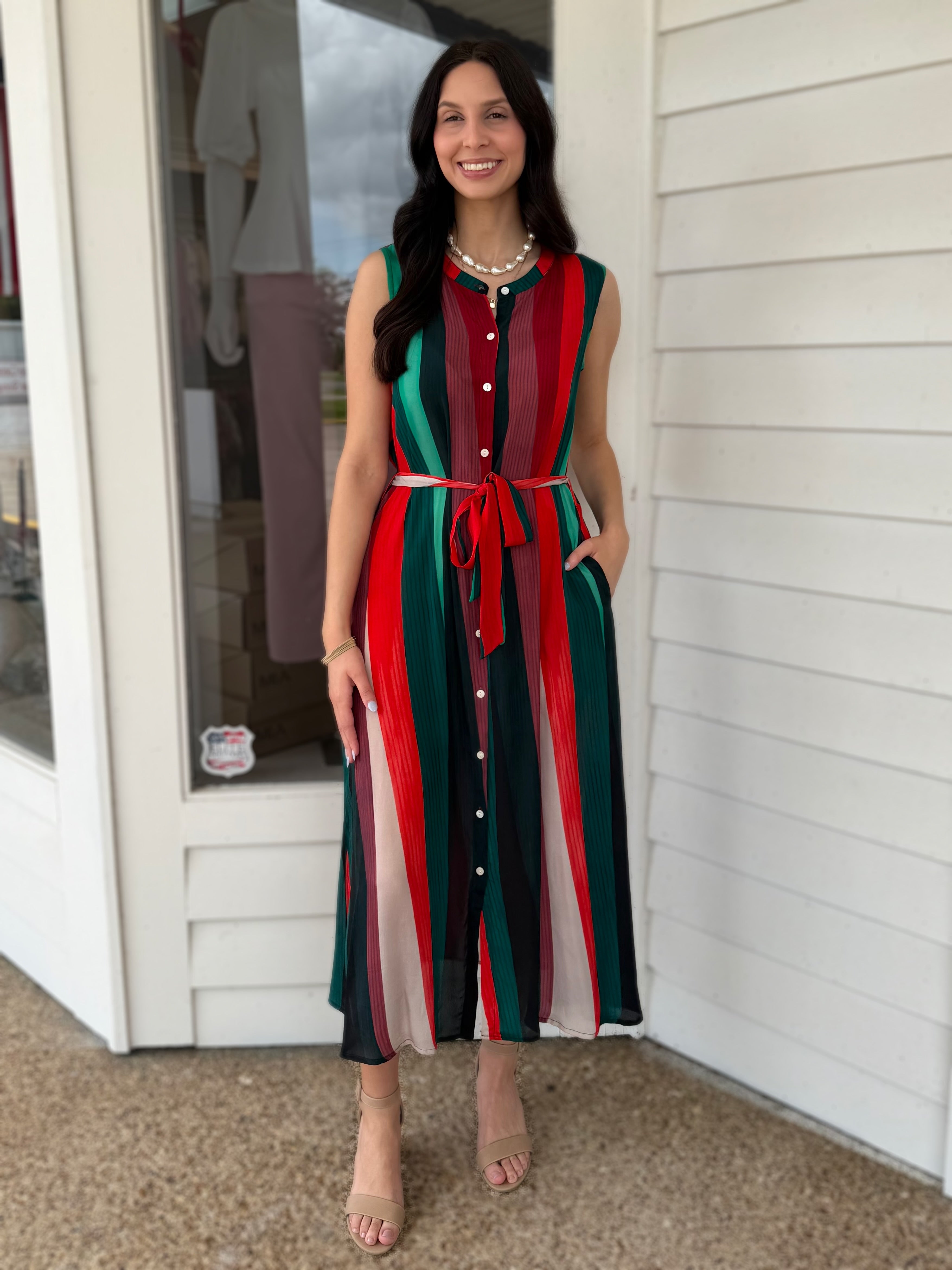 RED MULTI LINEAR FUSHION PRINT SLEEVELESS BUTTON UP SHIRT MIDI DRESS