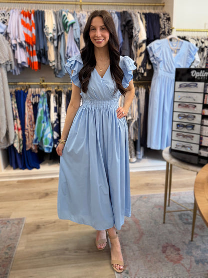 SKY BLUE RUED DETAIL RUFFLED SLEEVE MIDI DRESS