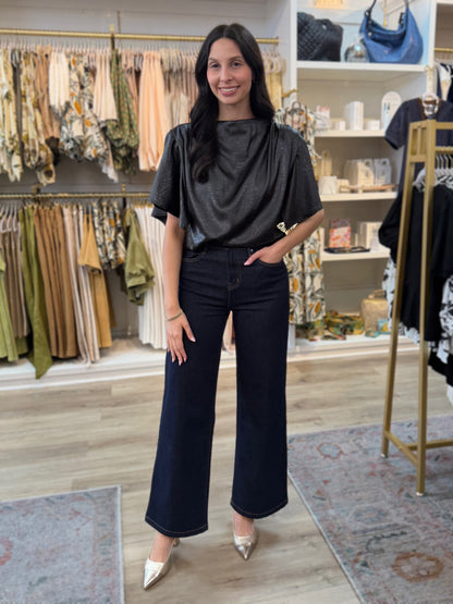BLACK SHINY SATIN &amp; LEATHER FLOWY SHORT SLEEVE TOP
