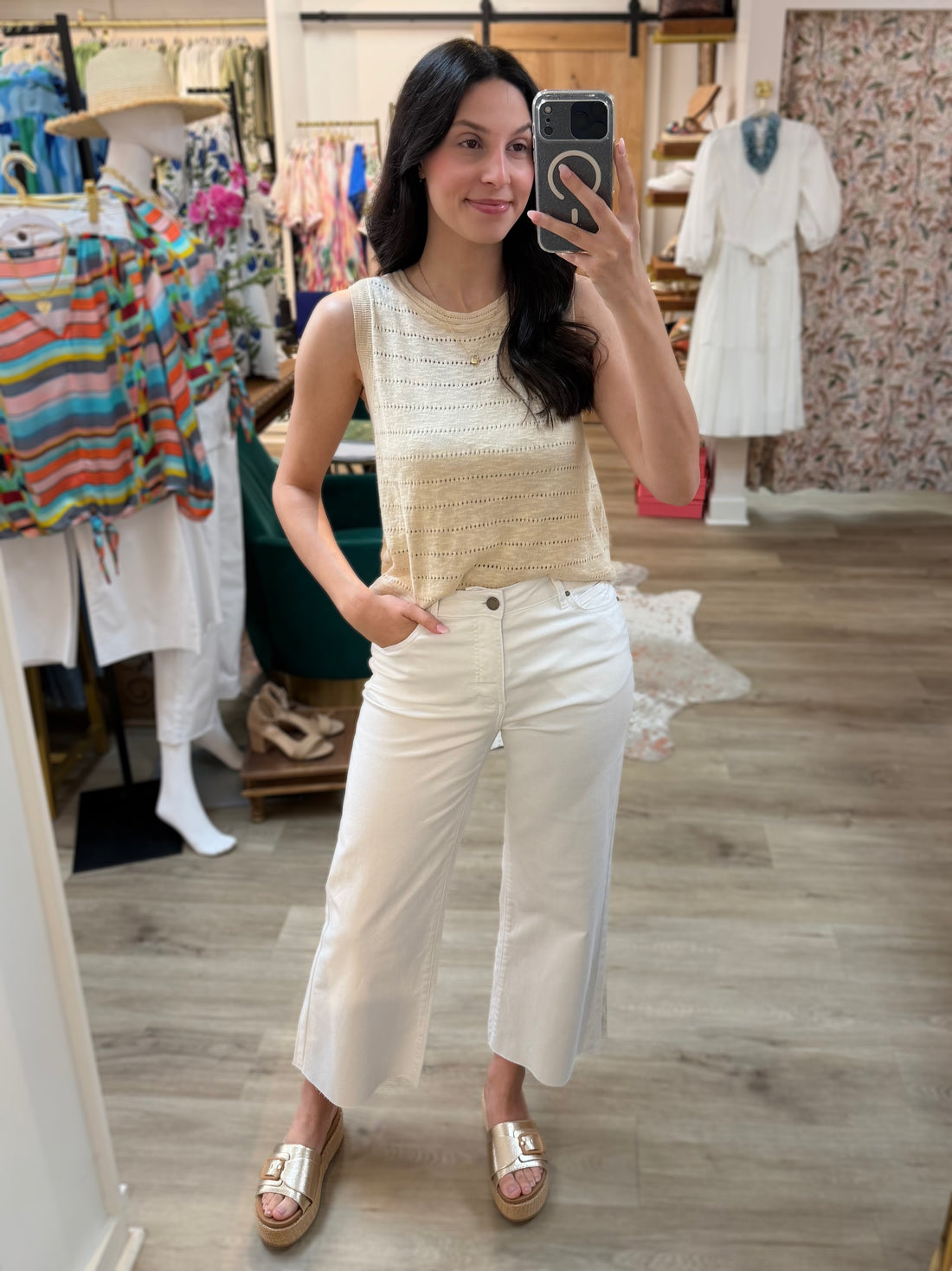 NATURAL POINTELLE STRIPE SLEEVELESS SWEATER TOP