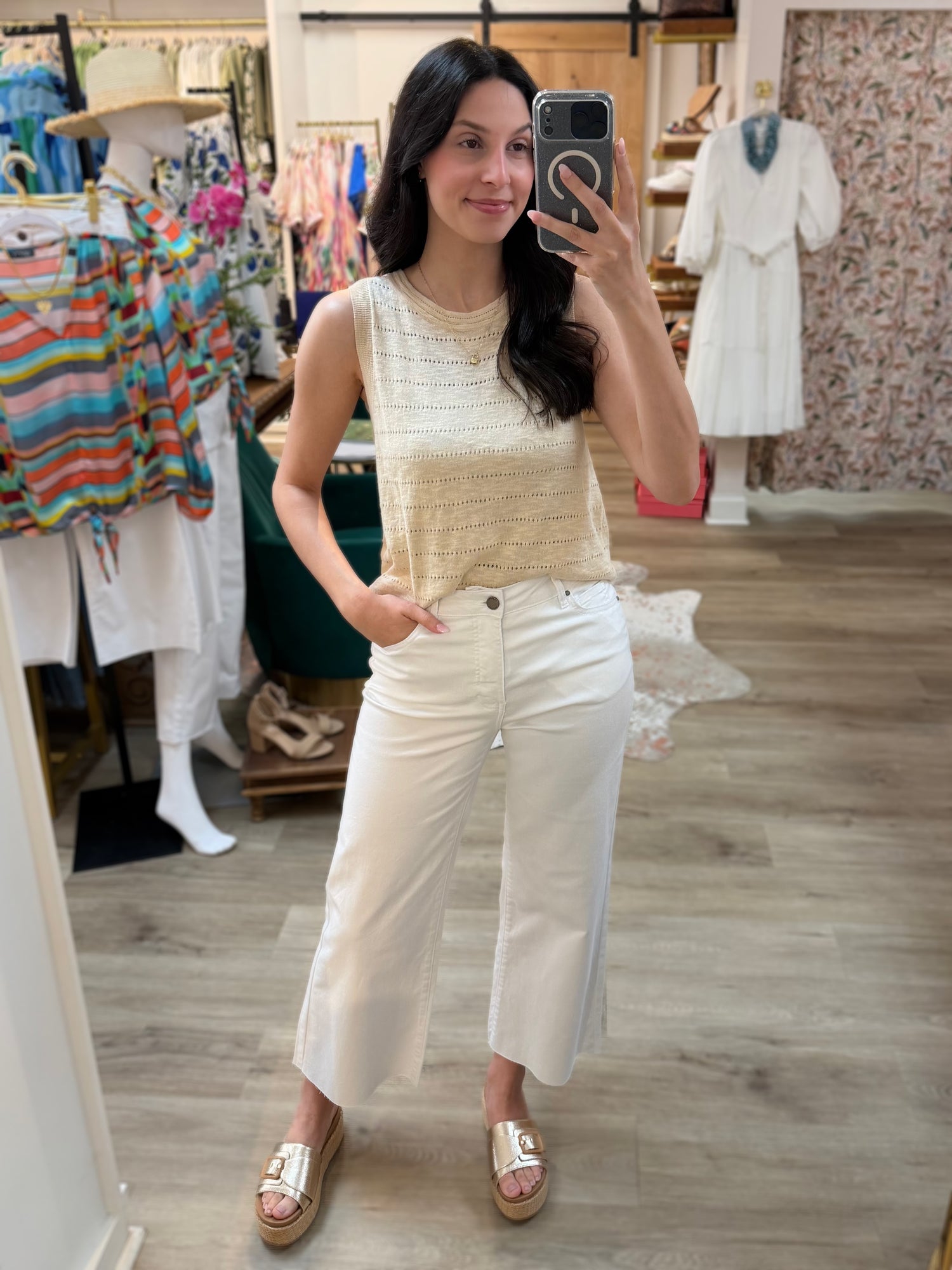 NATURAL POINTELLE STRIPE SLEEVELESS SWEATER TOP