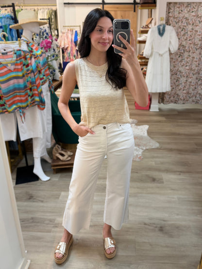 NATURAL POINTELLE STRIPE SLEEVELESS SWEATER TOP