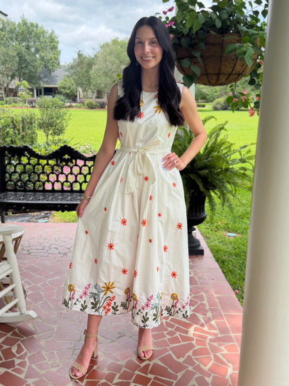 WHITE MULTI FLORAL EMBROIDERY WAIST TIE SLEEVELESS MIDI DRESS