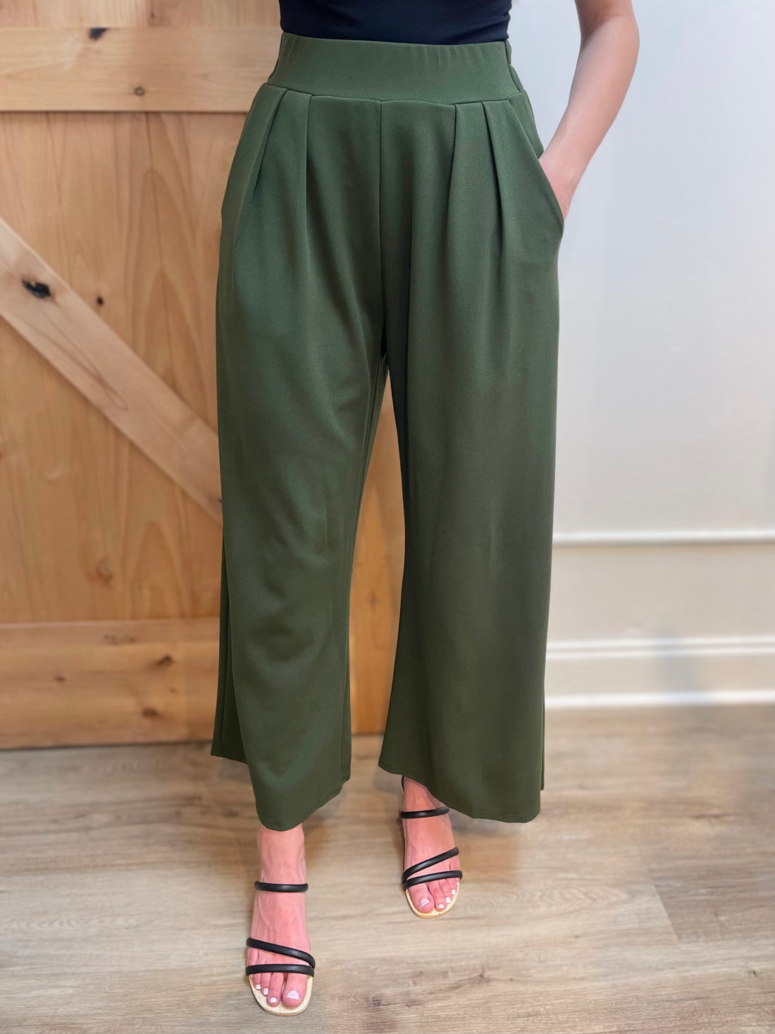 DARK OLIVE STRETCHY HIGH WAIST CREPE WIDE LEG PANTS