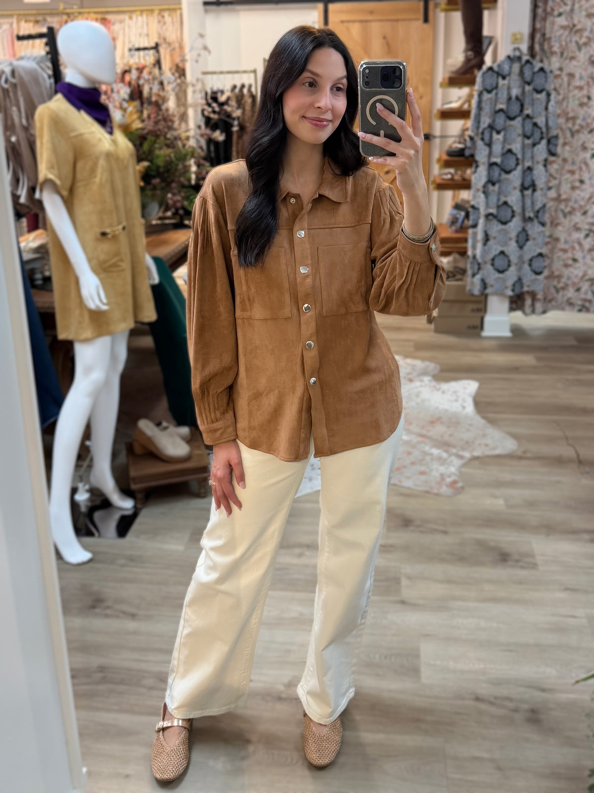 CARAMEL SUEDE LONG SLEEVE BUTTON UP SHIRT JACKET TOP
