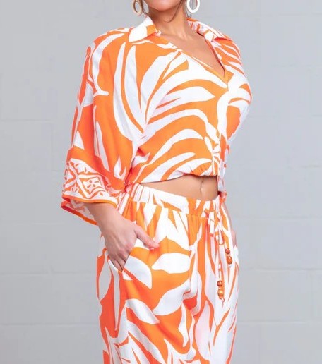 ORANGE MULTI LEAF PRINT WIDE SLEEVE FRONT KNOT TOP