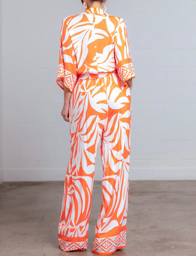 ORANGE MULTI LEAF PRINT WIDE LEG PANTS