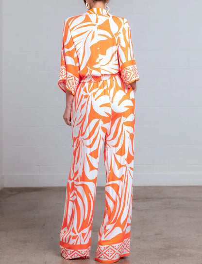 ORANGE MULTI LEAF PRINT WIDE LEG PANTS