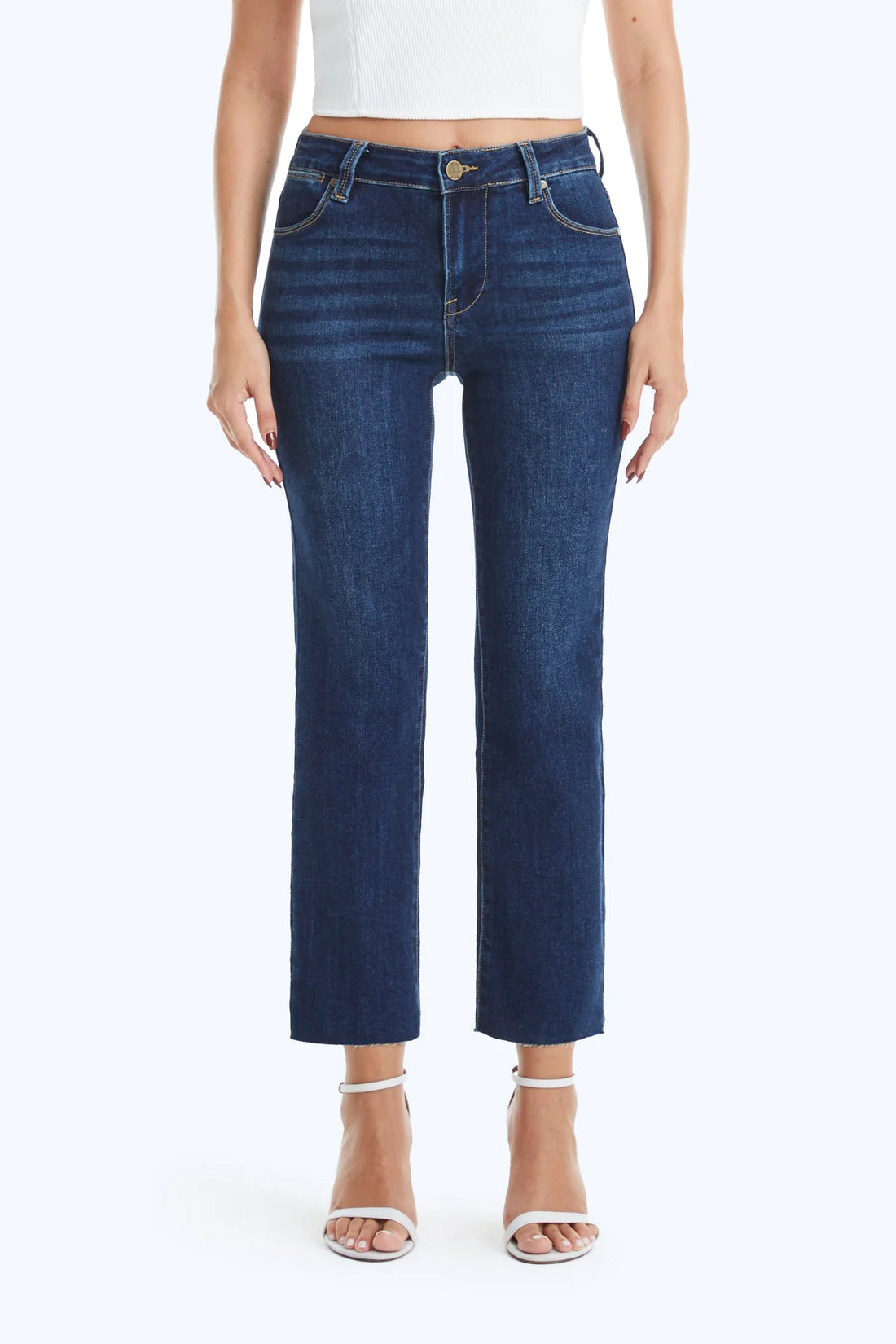 DARK BLUE MID RISE STRAIGHT RAW HEM JEANS