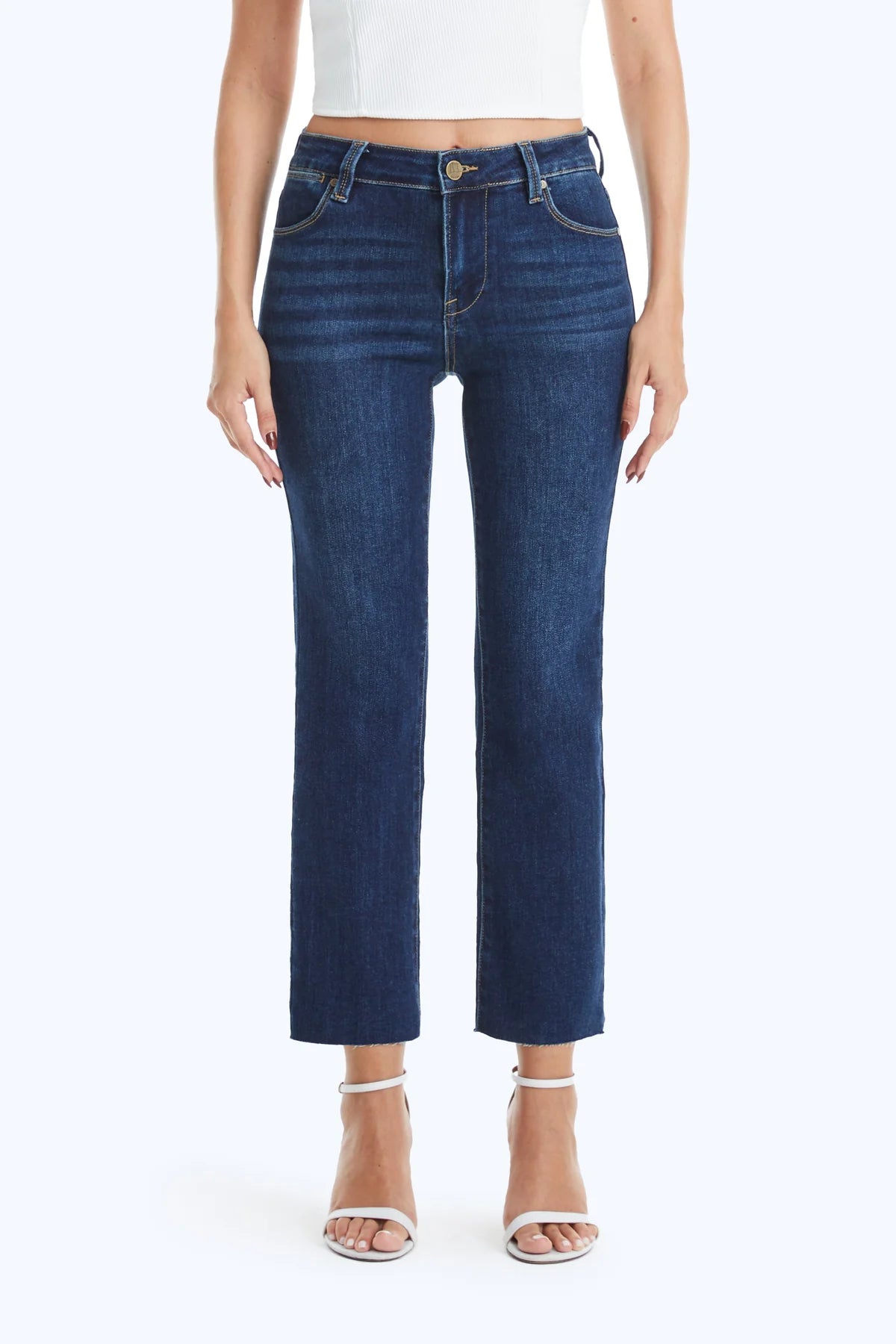 DARK BLUE MID RISE STRAIGHT RAW HEM JEANS