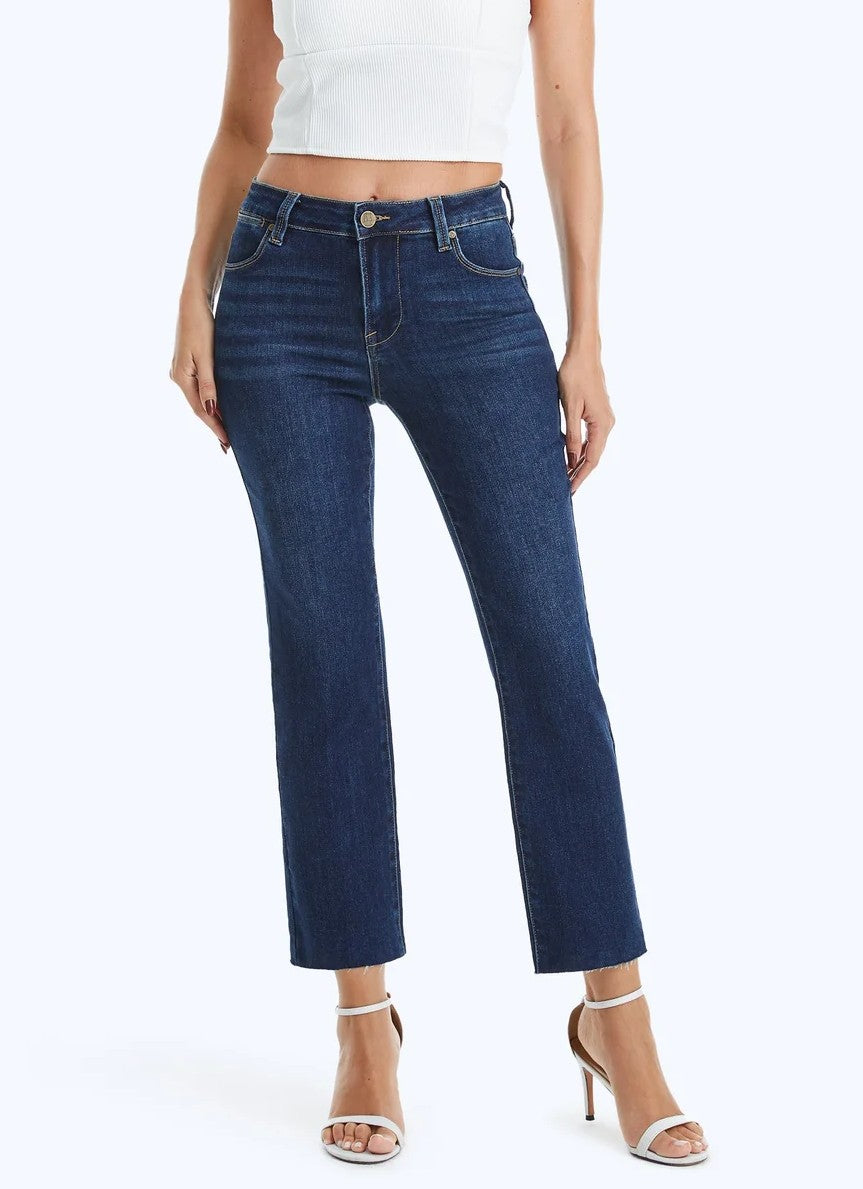 DARK BLUE MID RISE STRAIGHT RAW HEM JEANS