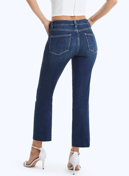 DARK BLUE MID RISE STRAIGHT RAW HEM JEANS