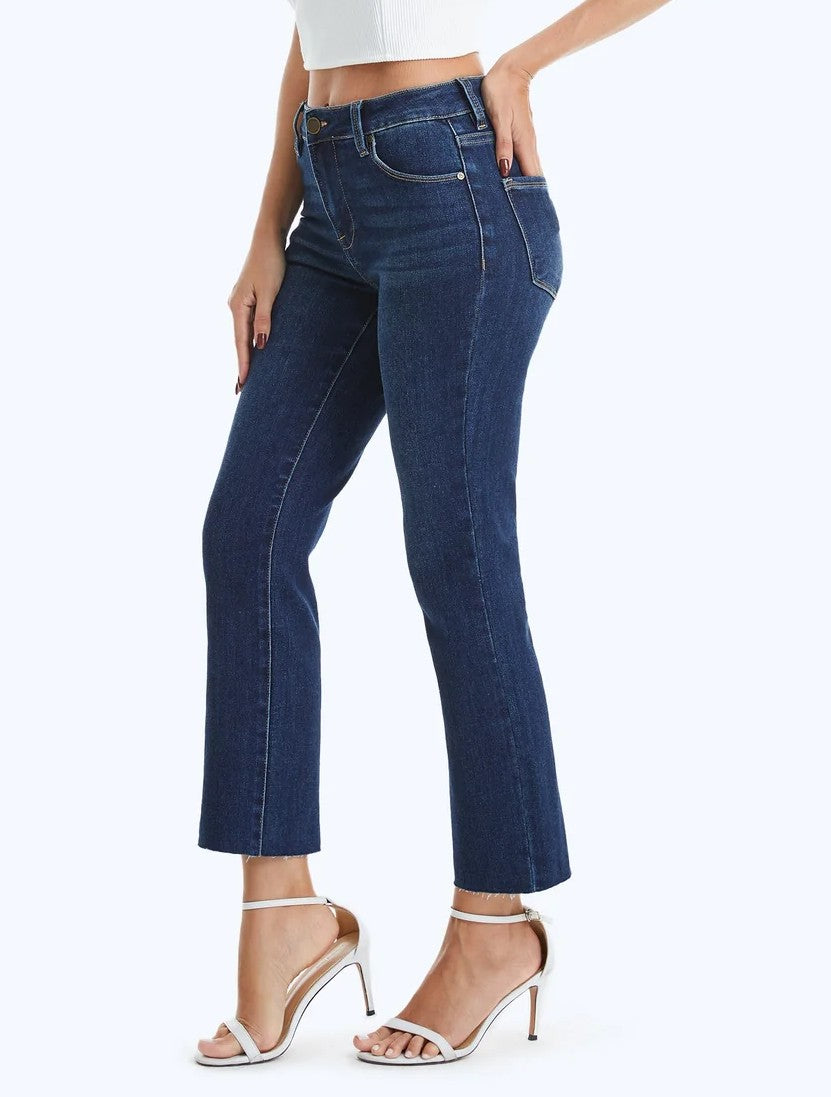 DARK BLUE MID RISE STRAIGHT RAW HEM JEANS