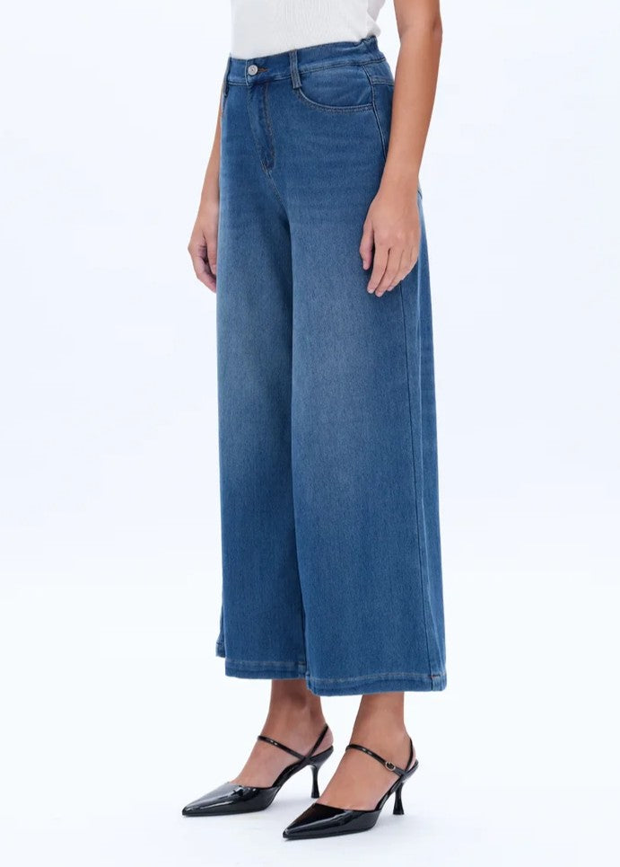MEDIUM BLUE HIGH RISE WIDE LEG STRETCHY KNIT BLUEBELL JEANS