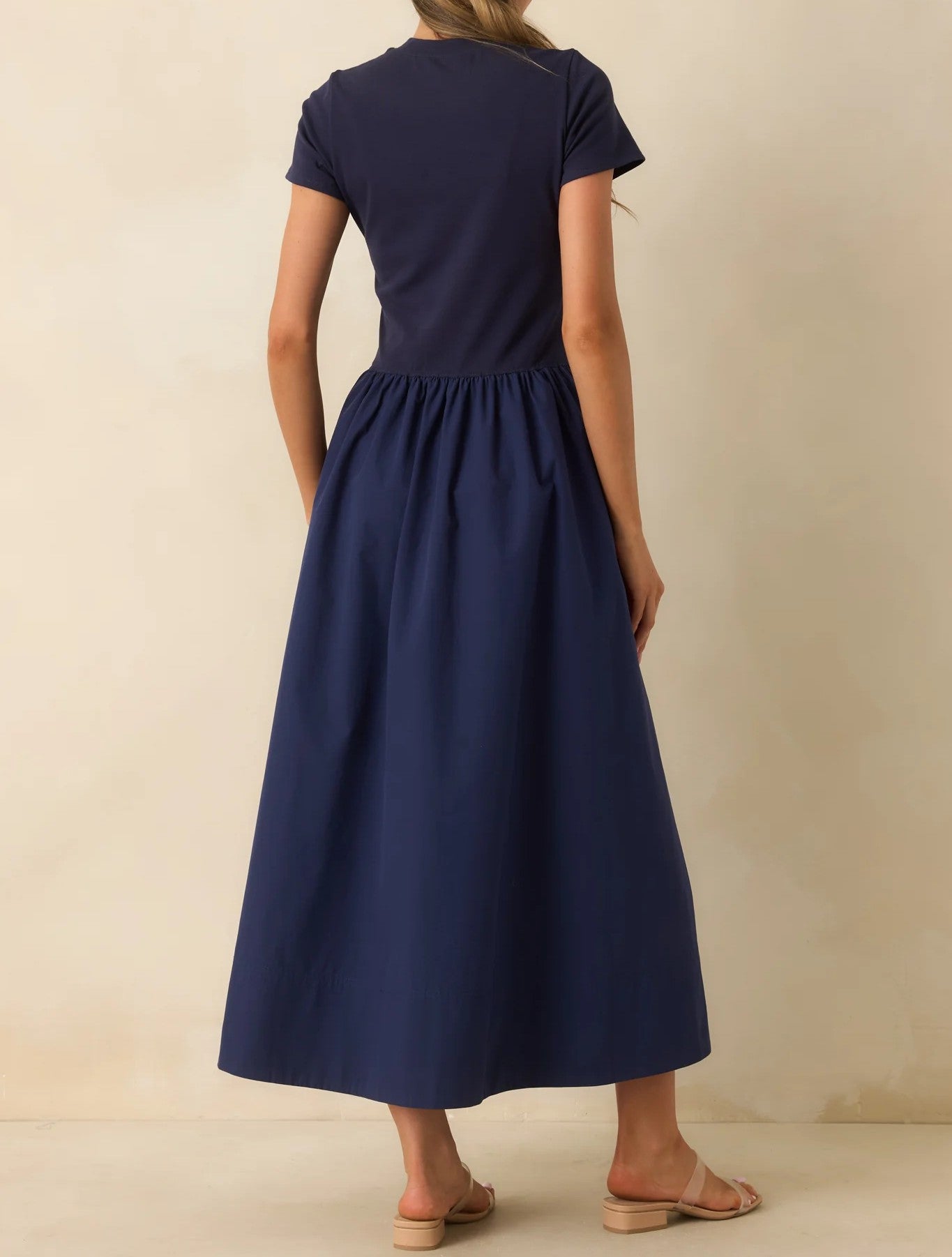 NAVY COTTON SHORT SLEEVE MIXED MEDIA ARIA MIDI DRESS