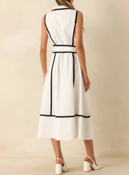 WHITE/NAVY CONTRAST LINEN BLEND SIMONNE MIDI DRESS
