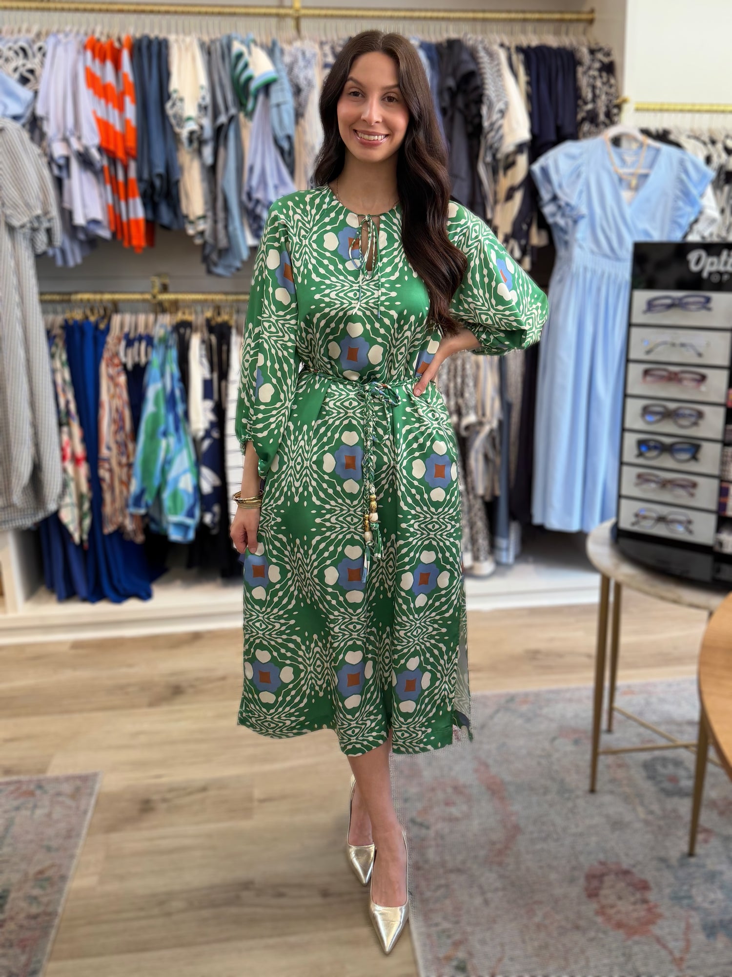 GREEN MULTI GEO PRINT JARDIN MIDI DRESS