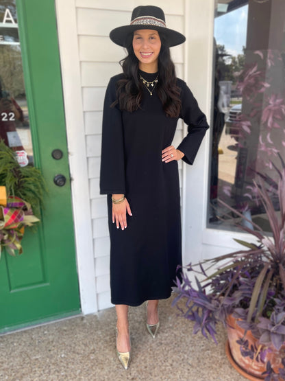 BLACK MOCK NECK LONG SLEEVE KNIT MIDI DRESS