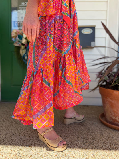 RED MULTI GEO PRINT HIGH-LOW MAXI AVA SKIRT