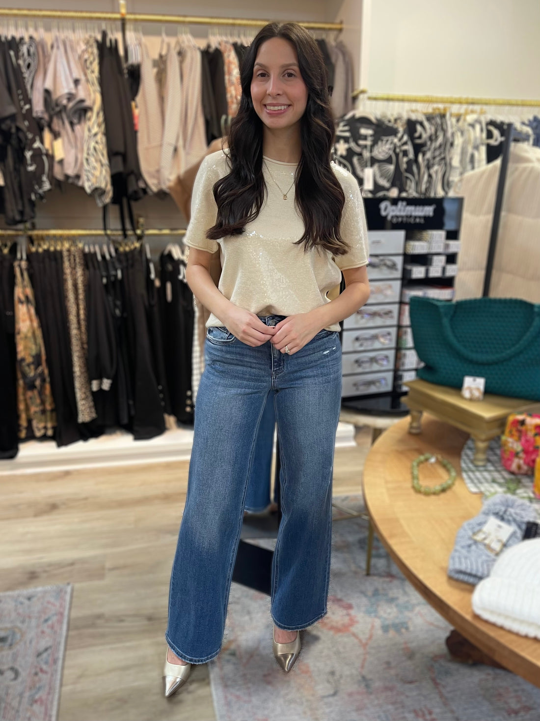 CREAM TINY SEQUIN SHORT SLEEVE SWEATER TOP