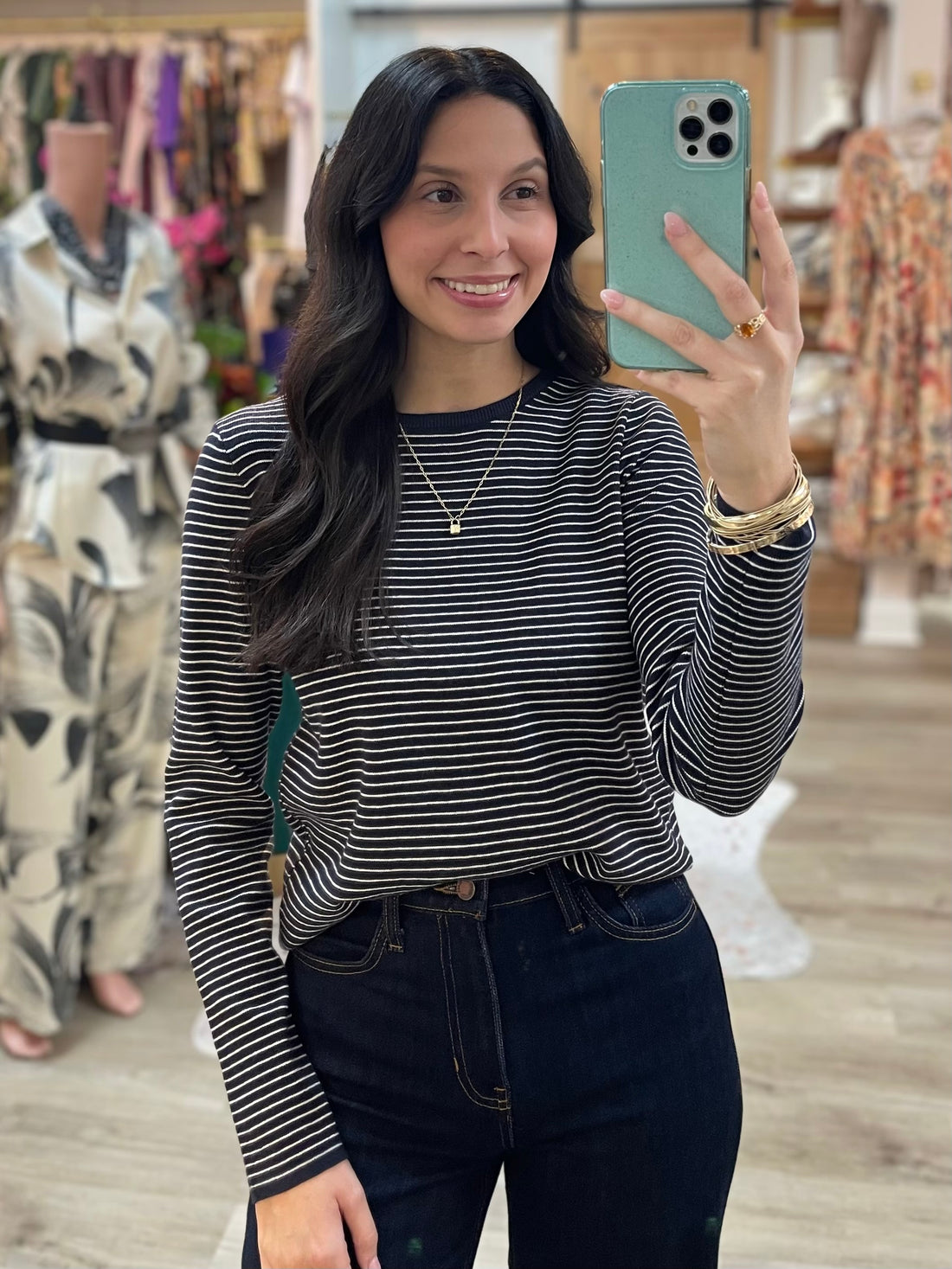 DARK NAVY PINSTRIPE LONG SLEEVE PULLOVER SWEATER