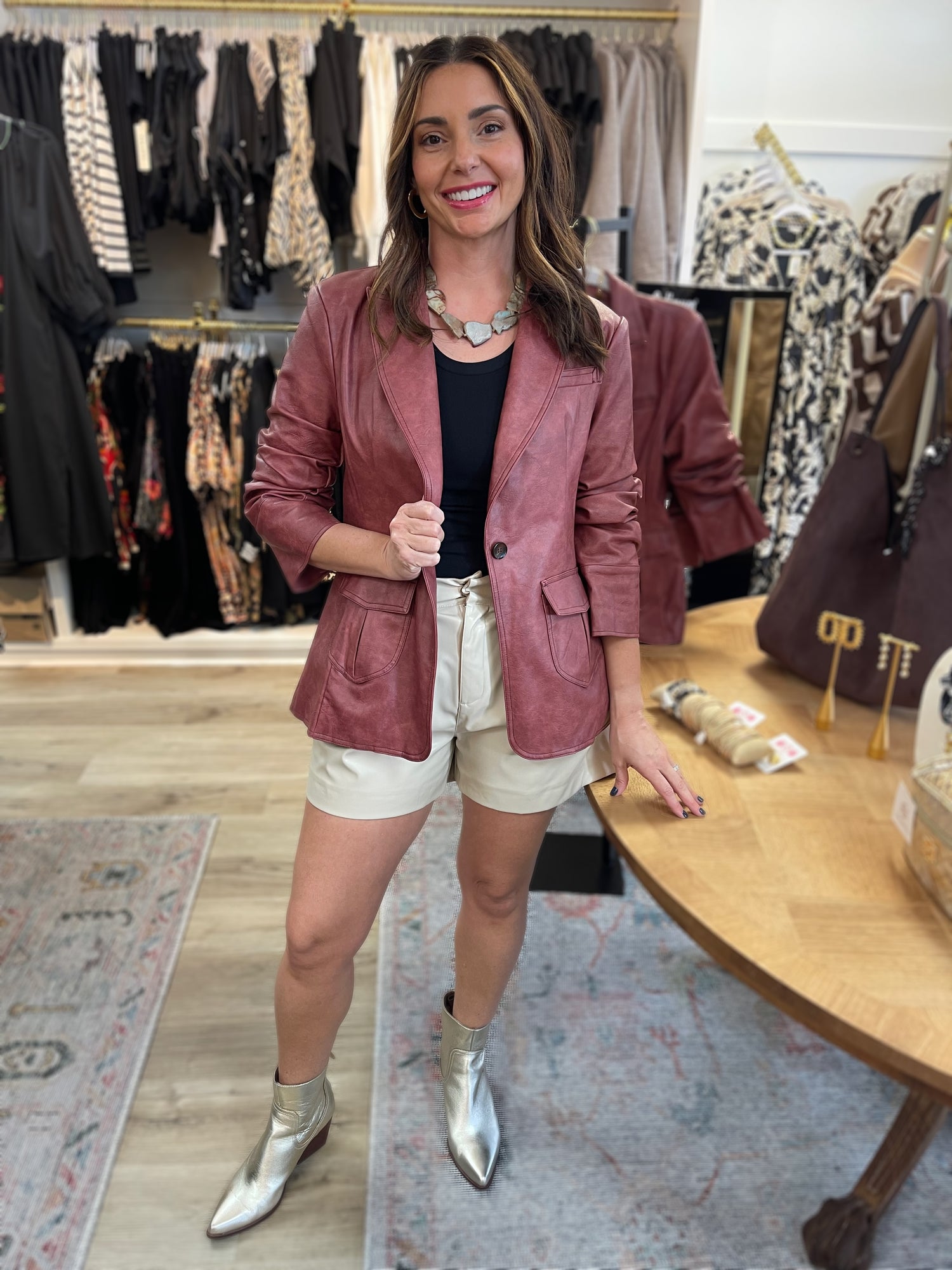 MAROON SCRUNCH SLEEVE FAUX LEATHER BLAZER