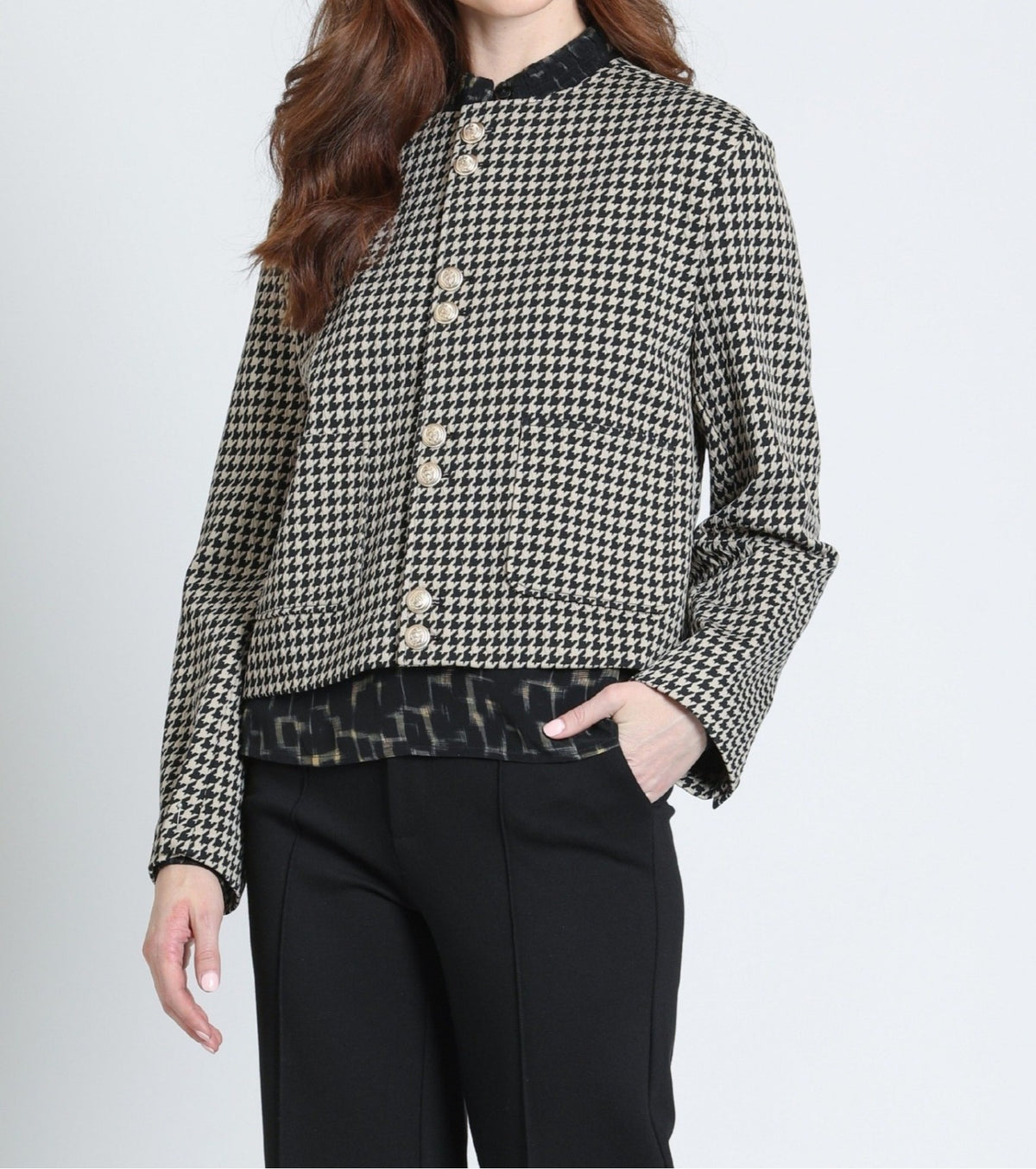 ALMOND BLACK HOUNDSTOOTH GOLD BUTTON DETAIL COLLARLESS LONG SLEEVE JACKET