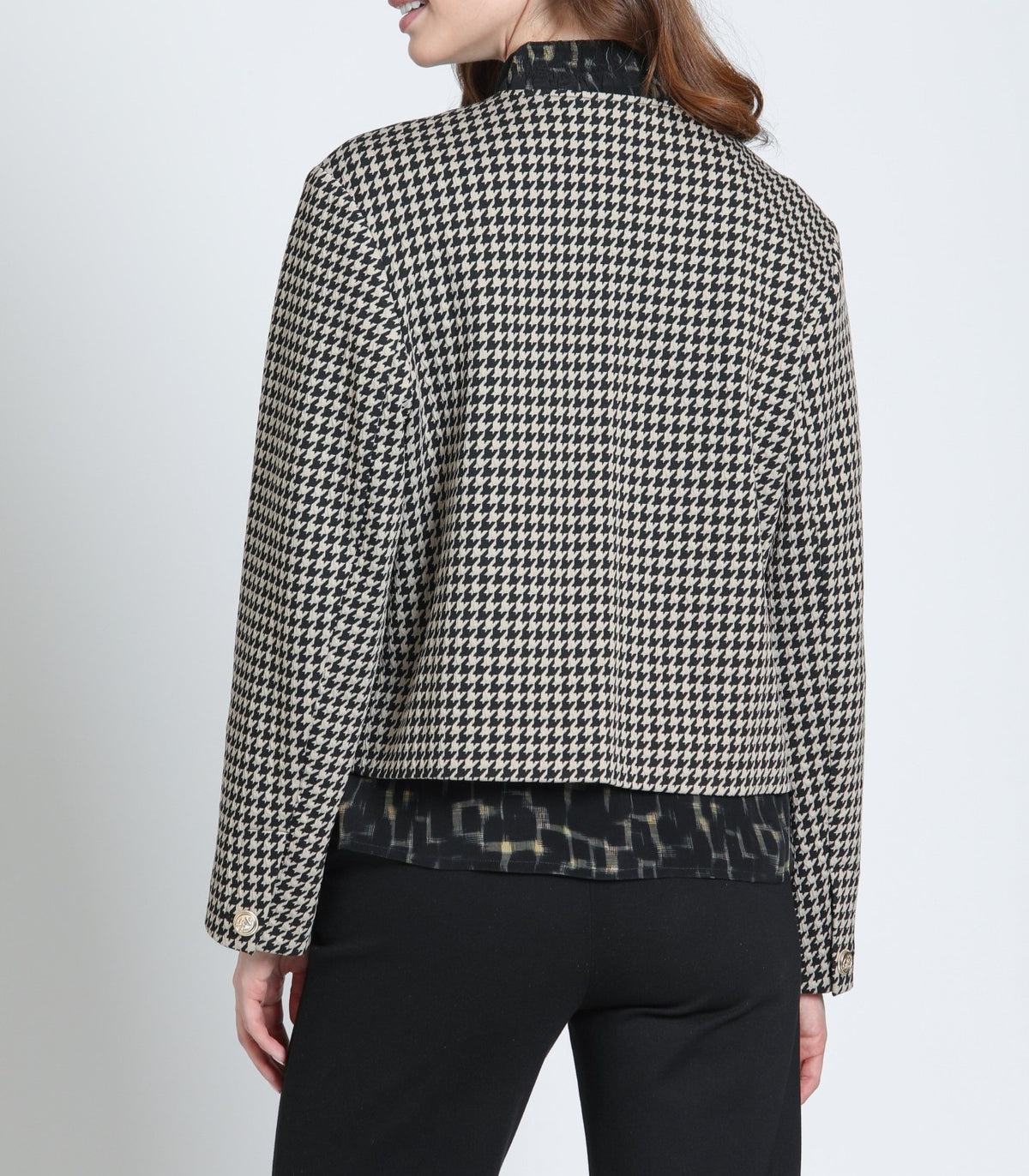 ALMOND BLACK HOUNDSTOOTH GOLD BUTTON DETAIL COLLARLESS LONG SLEEVE JACKET