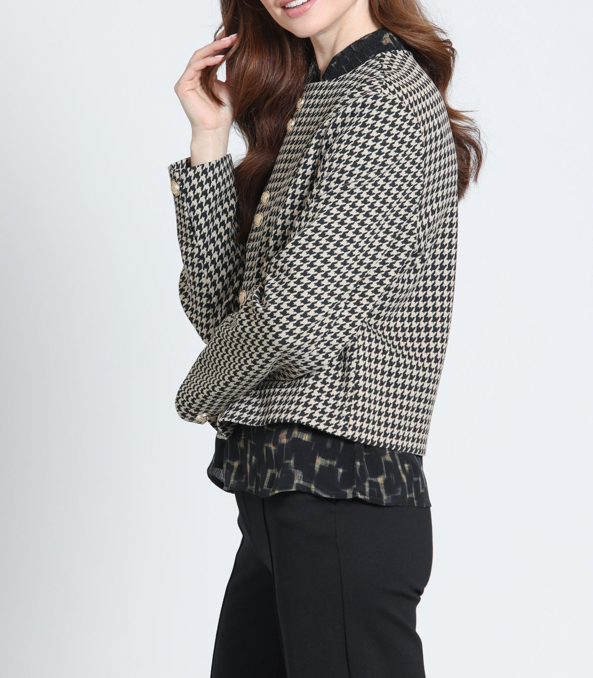 ALMOND BLACK HOUNDSTOOTH GOLD BUTTON DETAIL COLLARLESS LONG SLEEVE JACKET