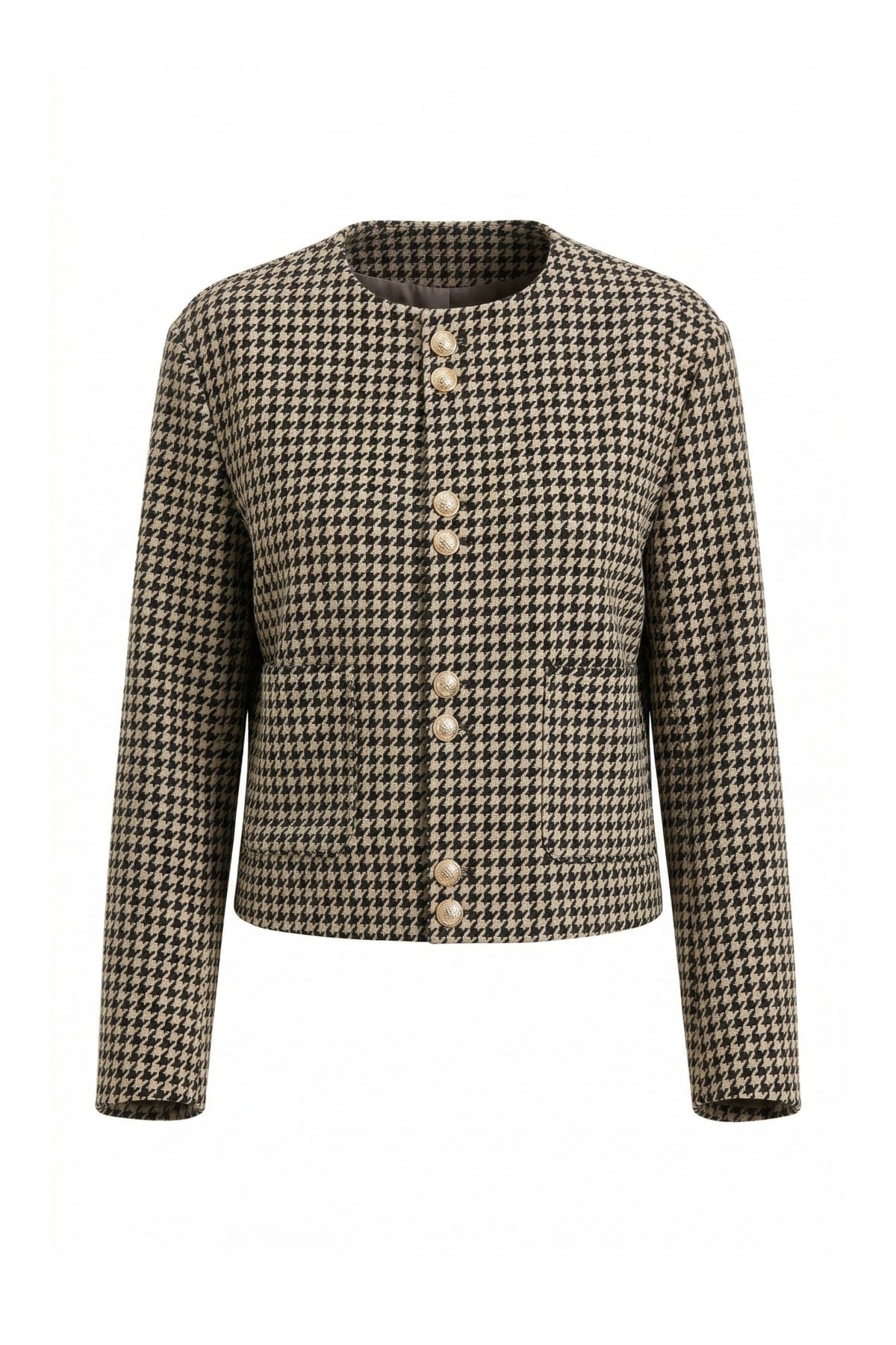 ALMOND BLACK HOUNDSTOOTH GOLD BUTTON DETAIL COLLARLESS LONG SLEEVE JACKET