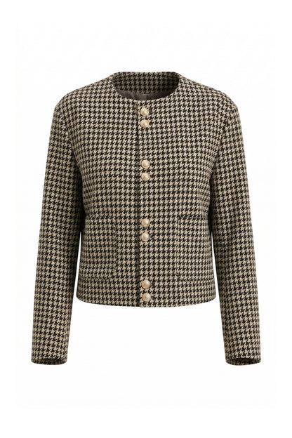ALMOND BLACK HOUNDSTOOTH GOLD BUTTON DETAIL COLLARLESS LONG SLEEVE JACKET