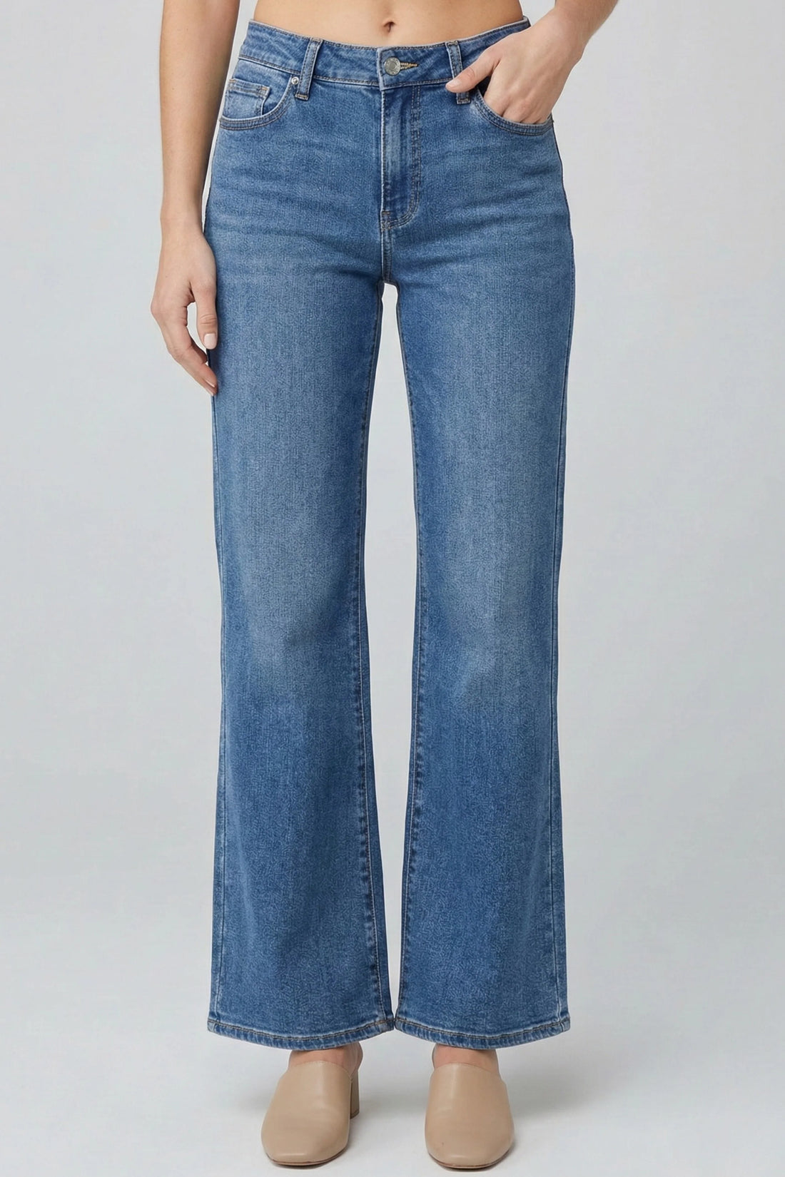 MEDIUM INDIGO MID RISE BOOTCUT JEANS