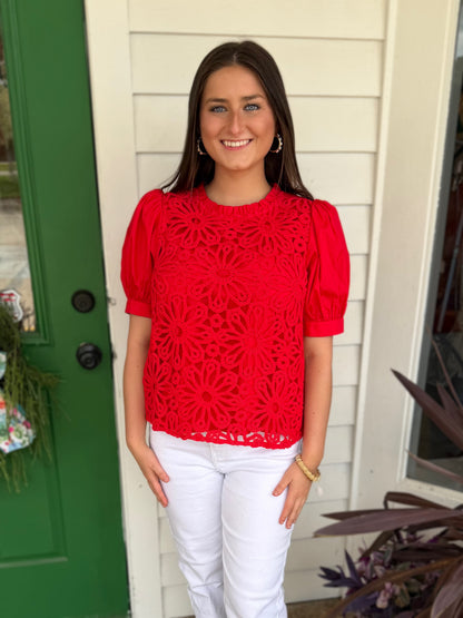 RED CROCHET LACE DETAIL SHORT PUFF SLEEVE TOP