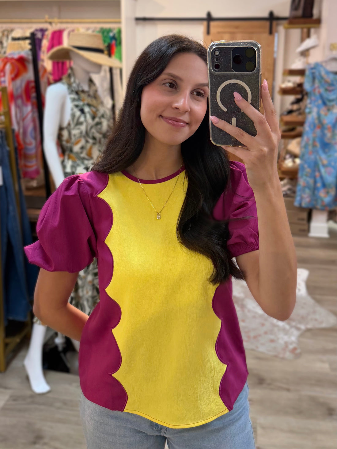 PURPLE/YELLOW SCALLOP WAVE PUFF SLEEVE TOP