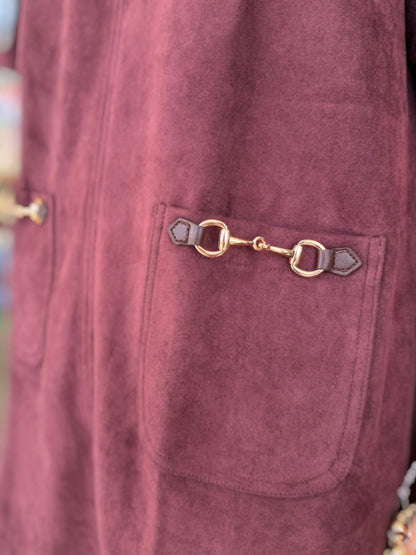 MERLOT SUEDE HORSE-BIT DETAIL PATCH POCKET SHORT SLEEVE MINI DRESS