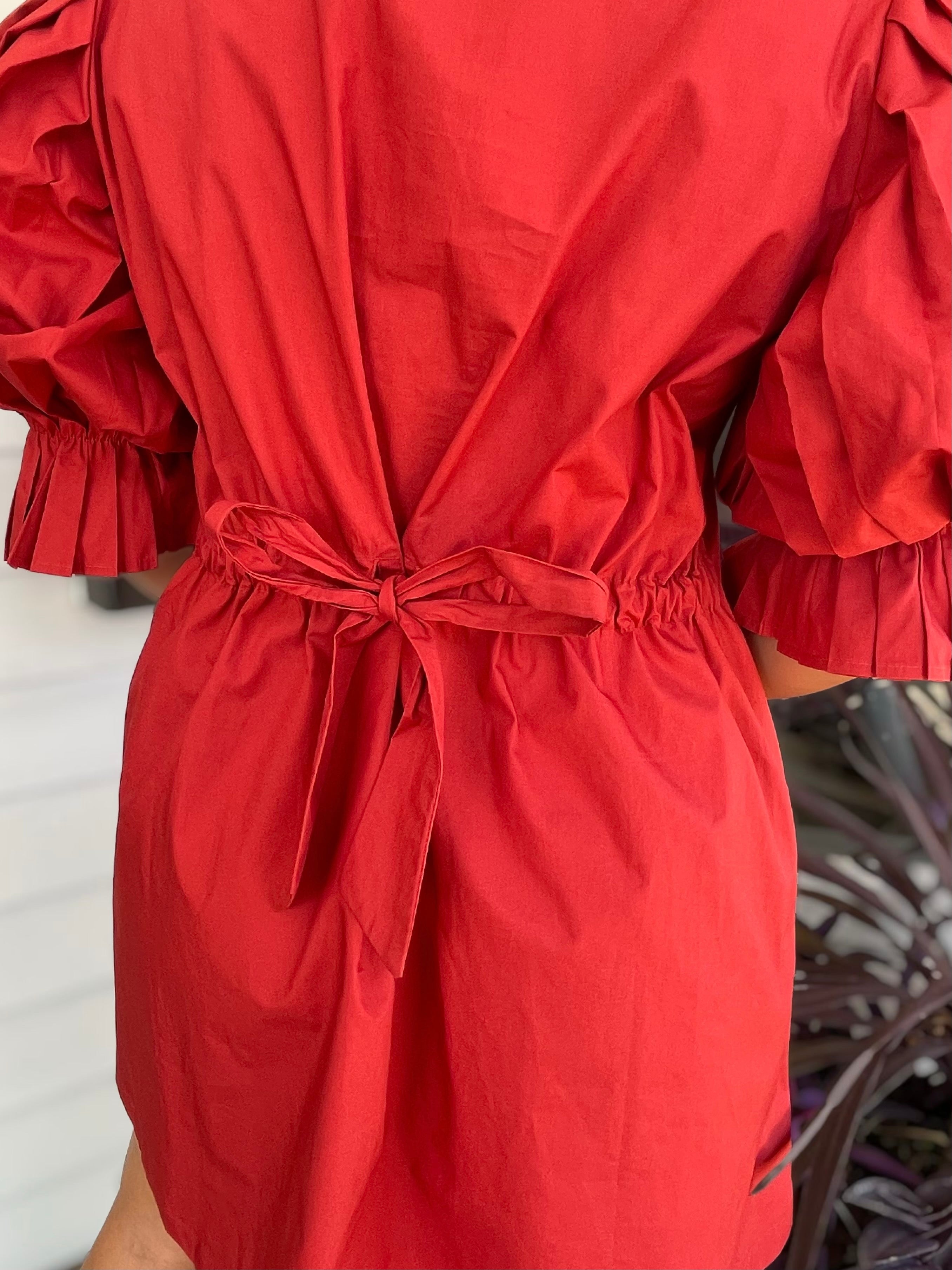 CHERRY RED POPLIN PLEATED SLEEVE SHIRT DRESS