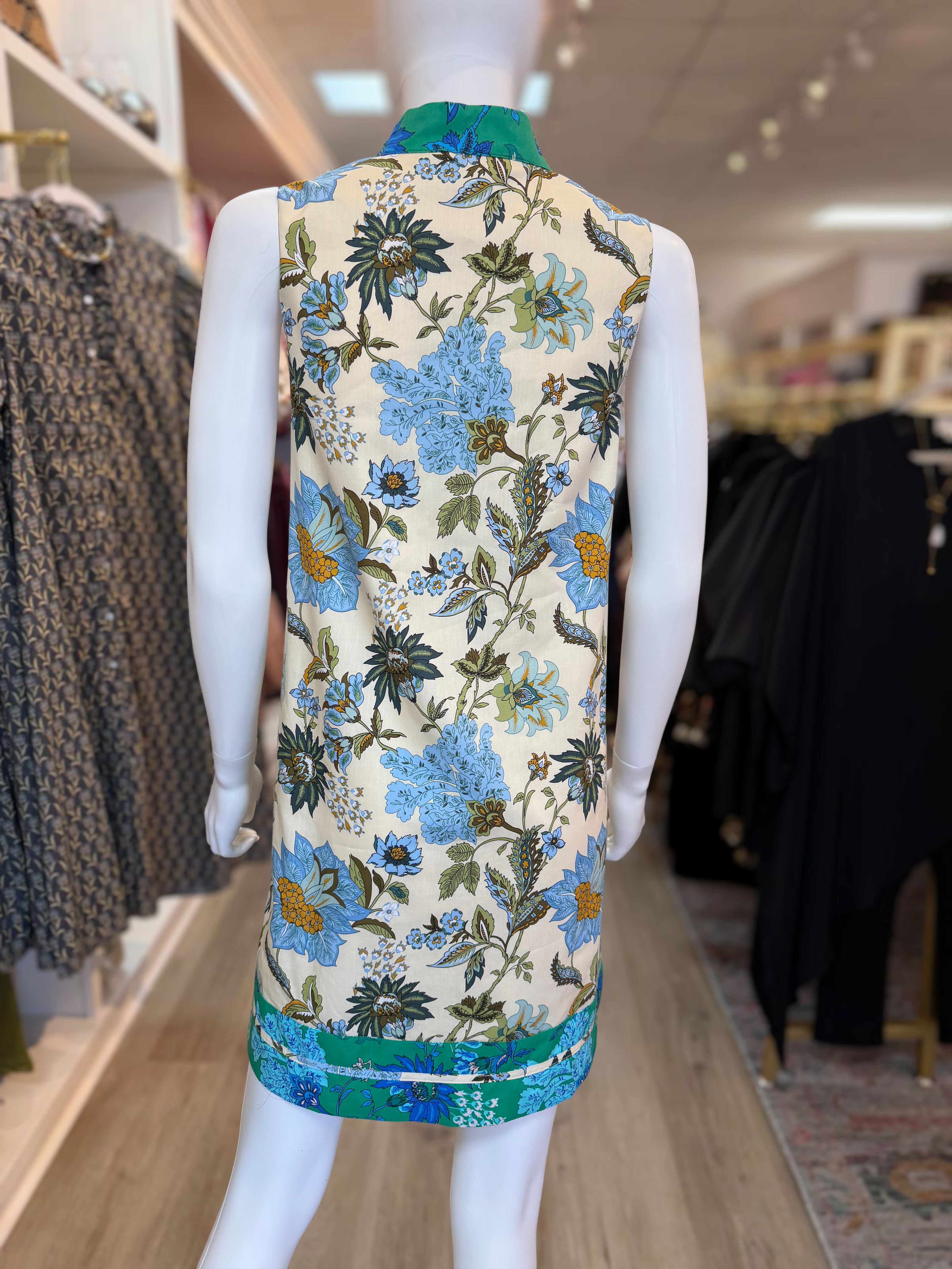 BLUE MIX FLORAL PRINT CONTRAST STRIPE SLEEVELESS MINI DRESS
