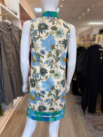 BLUE MIX FLORAL PRINT CONTRAST STRIPE SLEEVELESS MINI DRESS
