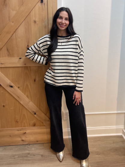IVORY/BLACK POINTELLE STRIPED KNIT LONG SLEEVE SWEATER TOP