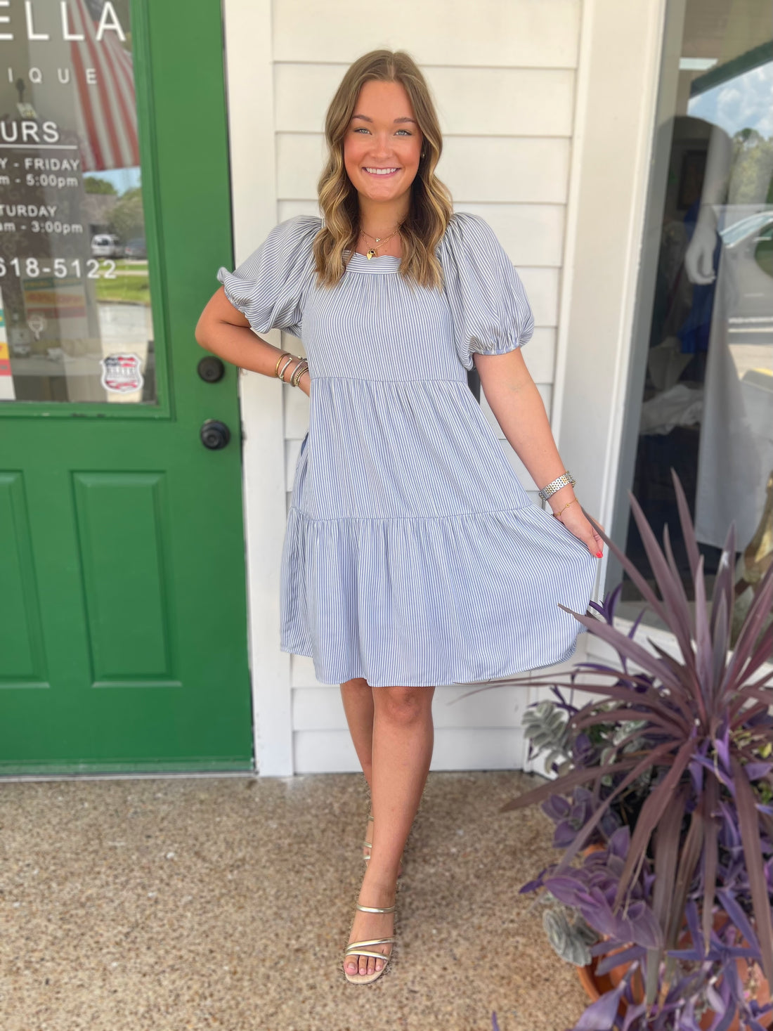 BLUE STRIPED TIERED PUFF SLEEVE DRESS