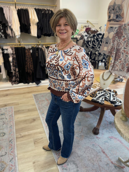 IVORY/BROWN/BLUE BORDER BOHO PRINT BLOUSE