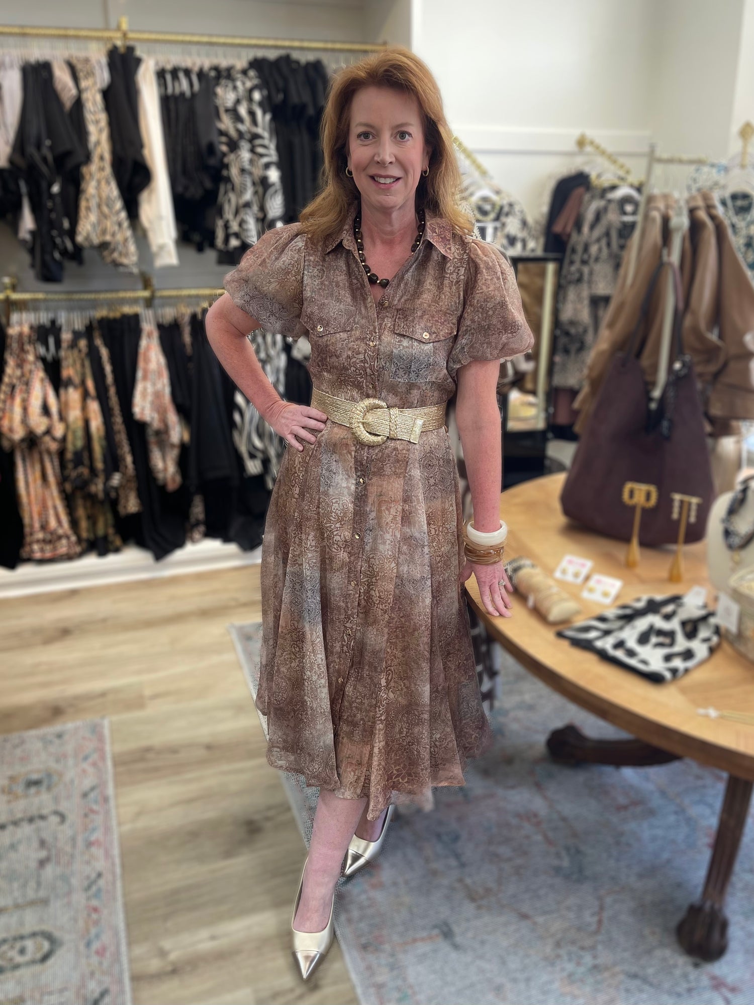 RUST MULTI PRINTED BUTTON UP SHORT PUFF SLEEVE MIDI DRESS